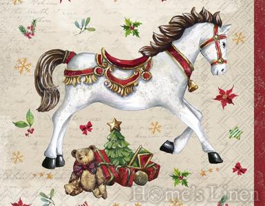 Празнични дизайнерски салфетки в червено с конче  20бр. "Festive Horse" Cream, IHR