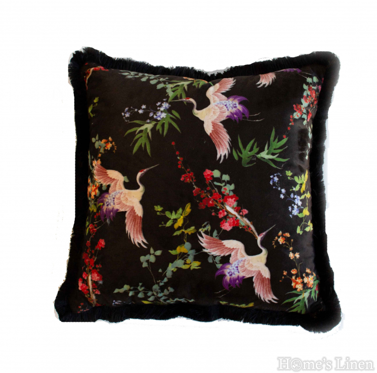 Decorative pillow in black with birds "EY202-6 Black", Mika Velvet