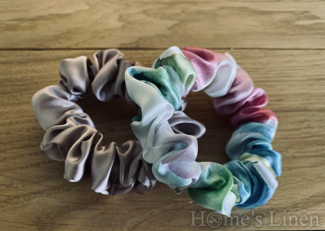 Комплект от 2бр. ластик за коса 100% естествена коприна стил Scrunchie "Water Flowers", размер скини