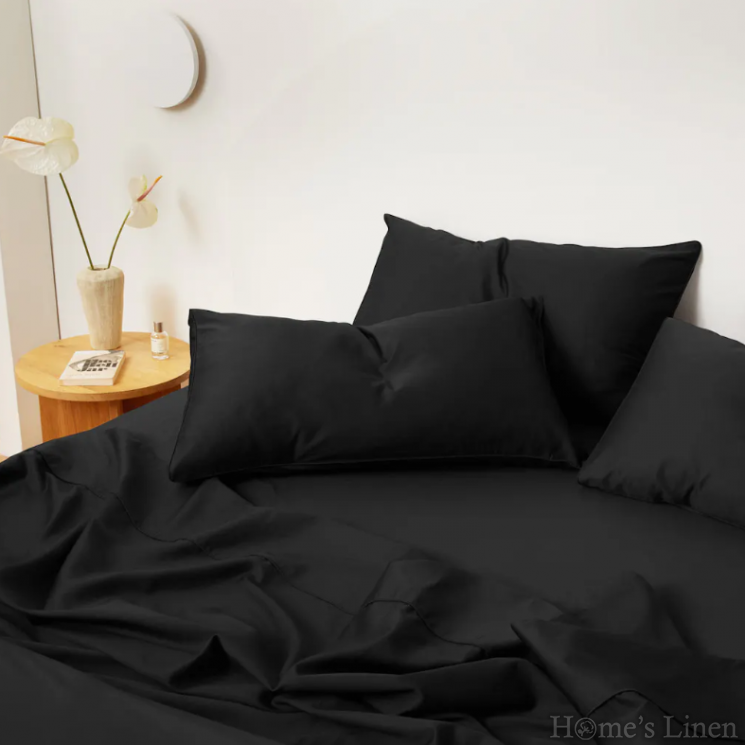 Bed Linen Set Cotton Satin, 100% Silk "Good Night - Black", Classic Collection